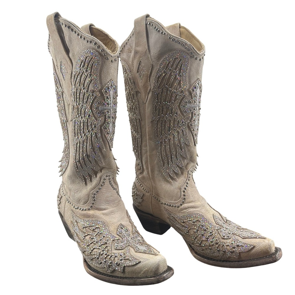 Corral Womens Bone Leather Wing and Cross Crystal Studded Boots A3571 Size 7 M - Picture 2 of 11